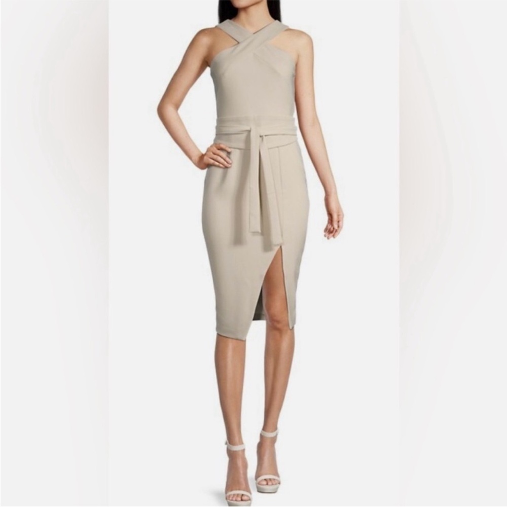 NWT💕Lavish Alice Brielle Bonded Satin Belted
Halterneck Midi Dress Beige 6